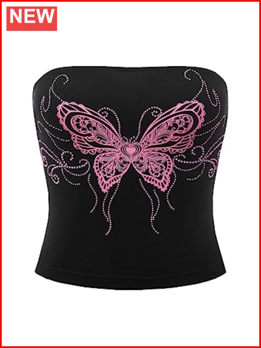 Rhinestone Butterfly Graphic Crop Bandeau Tube Top Sleeveless Slim Fit